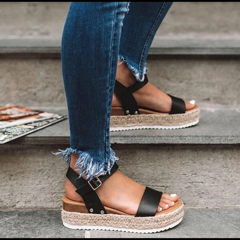Black buckle strap espadrille sandal - Picture 3 of 7